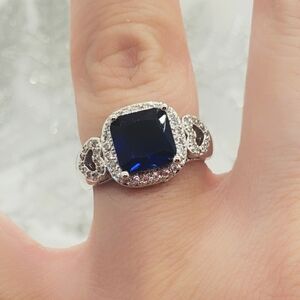 Cubic Zirconia Elevated PAVE BLUE TOPAZ CRYSTAL Ring 6 Sterling Silver Plated